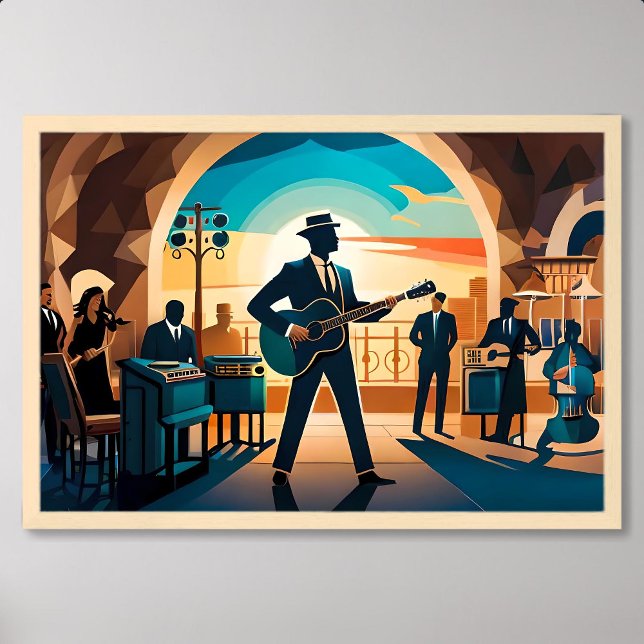 målarprestanda i jazz sång i stil cafe poster (painting jazz song performance in retro style cafe)
