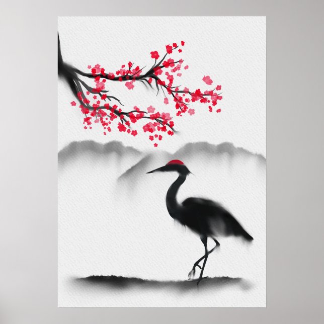 Målart konst med Sakura och Heron Poster (Framsidan)