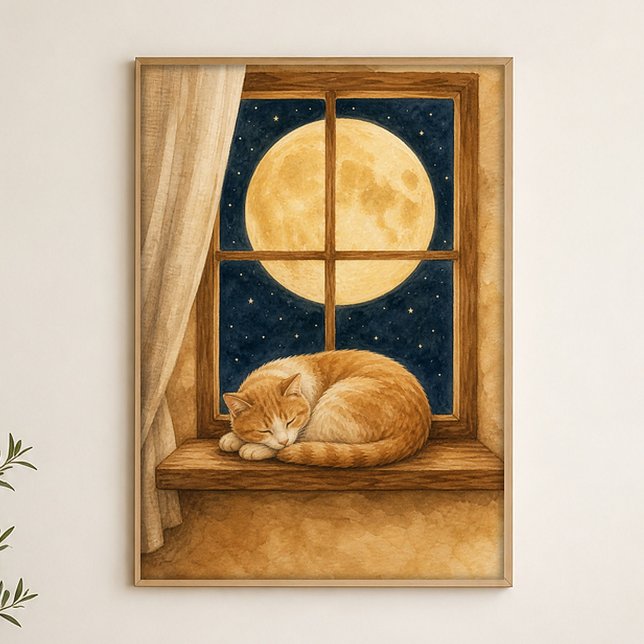 Målat affisch med kattram på fönsterbräda i månske (Shown framed for scale. Poster ships unframed; frames are an optional add-on.)