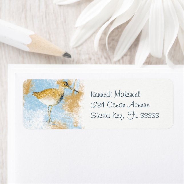Målat Beach Coastal Willet Bird Returadress Etikett (Insitu)