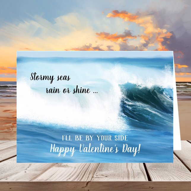 Målat Beach Ocean Vinkar Valentine Day Card Kort (Valentine's Day greeting card featuring a painting of surf waves on the beach)
