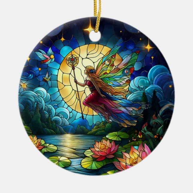 Målat Glas Månsken Flykt Älva  Julgransprydnad Keramik (Framsidan)