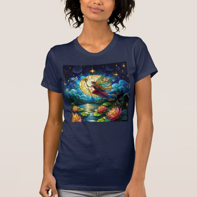 Målat Glas Månskens Flykt Fågel  T Shirt (Framsida)