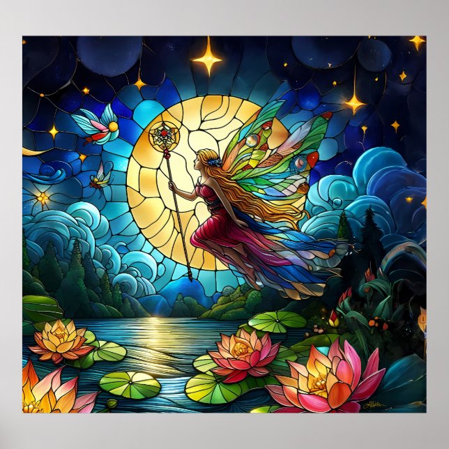 Målat Glas Månskensflygande Älva Poster (Framsidan)