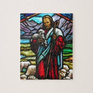 Målat glass avbildar av Jesus och lambs Pussel