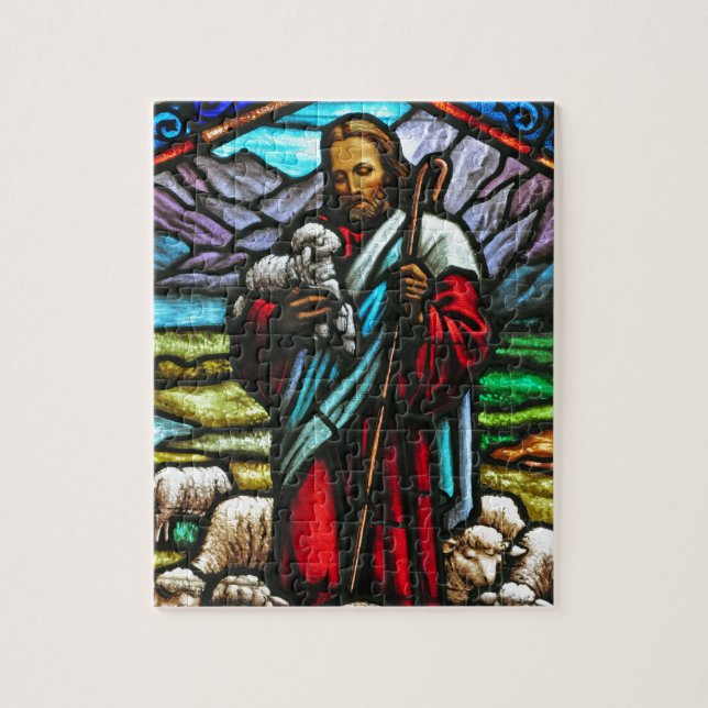 Målat glass avbildar av Jesus och lambs Pussel (Vertikal)