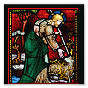 Målat glass med Jesus som räddar en lamb av gude Fototryck