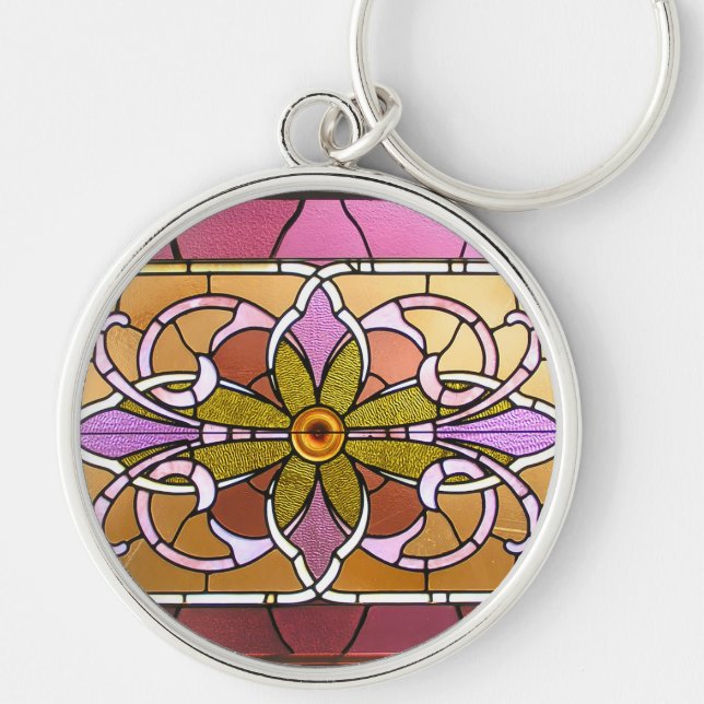Målat glassblomma Keychain Rund Silverfärgad Nyckelring (Framsidan)
