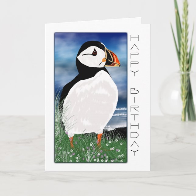 Målat Puffin Birthday Card - födelsedagskort med Kort (Framsida)