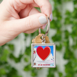 Målat Valentine Heart Lägg till ditt foto Fyrkantig Silverfärgad Nyckelring