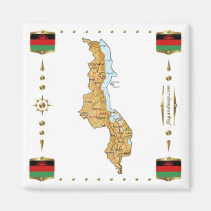 Malawi Karta + Flaggor Magnet