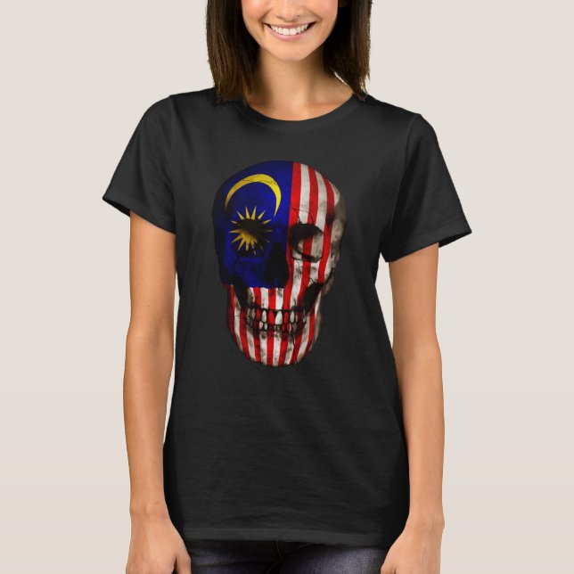 Malaysia Flagga Skull Malaysian Roots Proud Patrio T Shirt (Framsida)