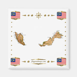 Malaysia Karta + Flaggor Magnet