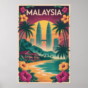 Malaysia Landskapsillustration Resa Konst Vintage Poster