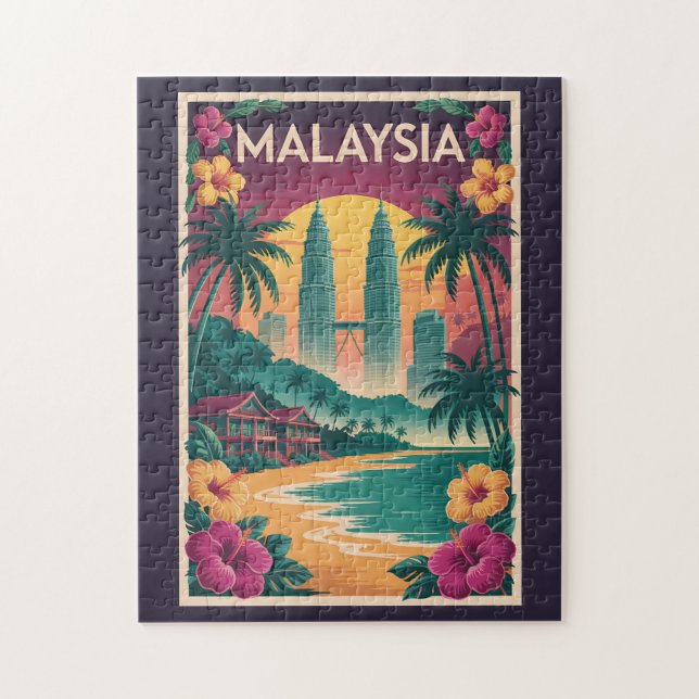 Malaysia Landskapsillustration Resa Konst Vintage Pussel (Vertikal)