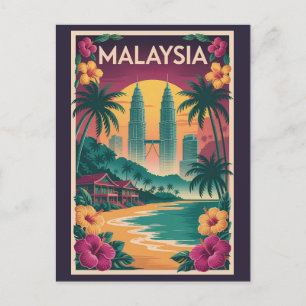 Malaysia Landskapsillustration Resa Konst Vintage Vykort