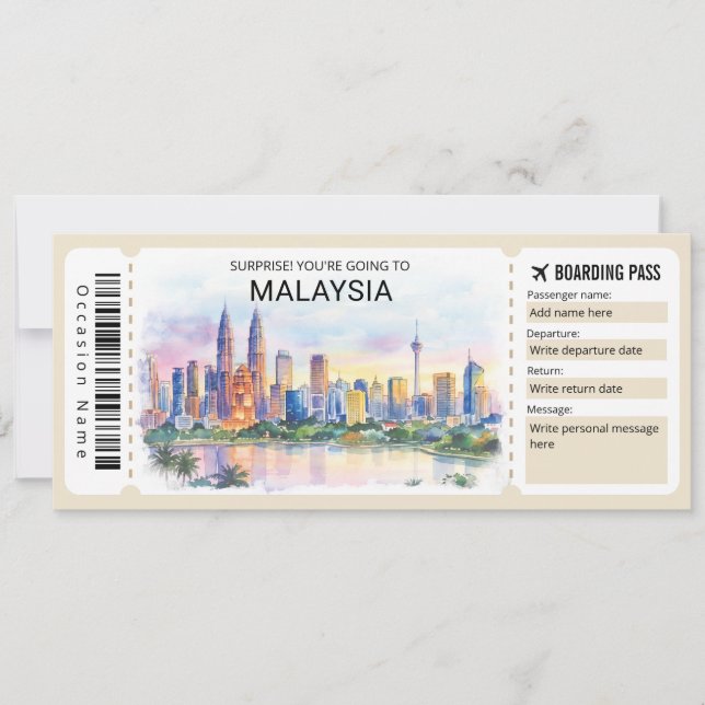 Malaysia resa Boarding Pass Biljett Inbjudningar (Framsida)