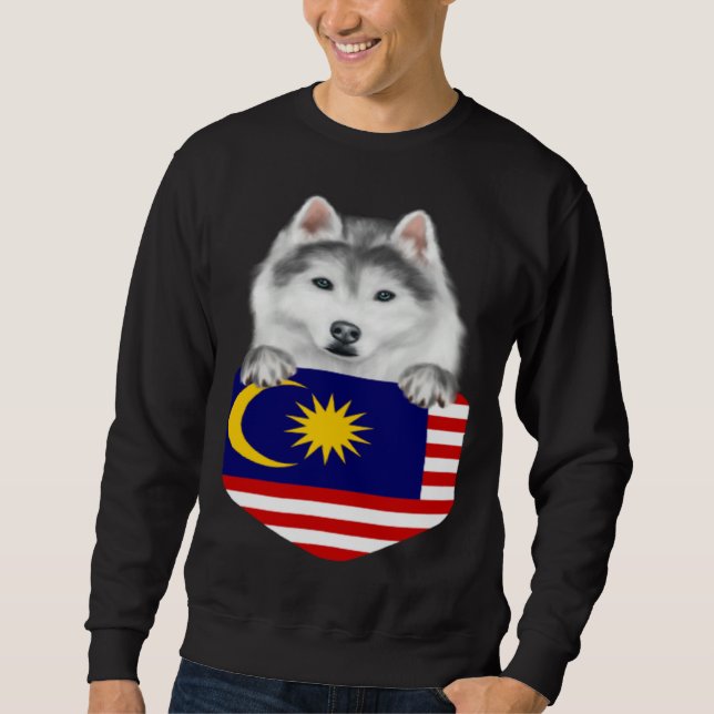 Malaysias flagga Siberian Husky hund i fickan Lång Ärmad Tröja (Framsida)