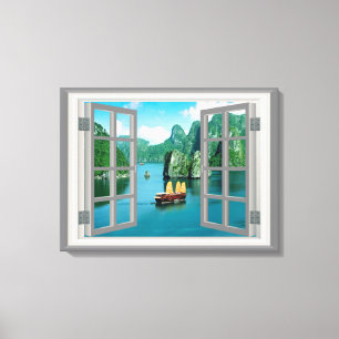 Malaysias segelbåt Ocean Mountains Faux Window Canvastryck