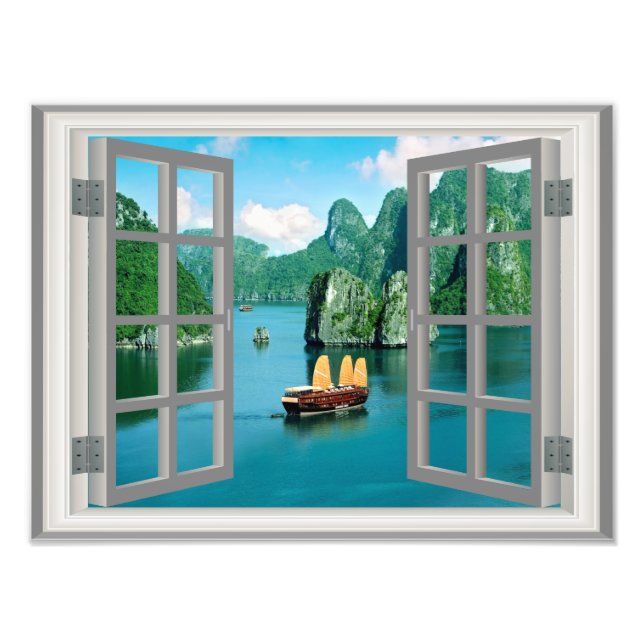 Malaysias segelbåt Ocean Mountains Faux Window Fototryck (Framsidan)