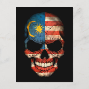 Malaysisk Flagga Skull på svart Vykort