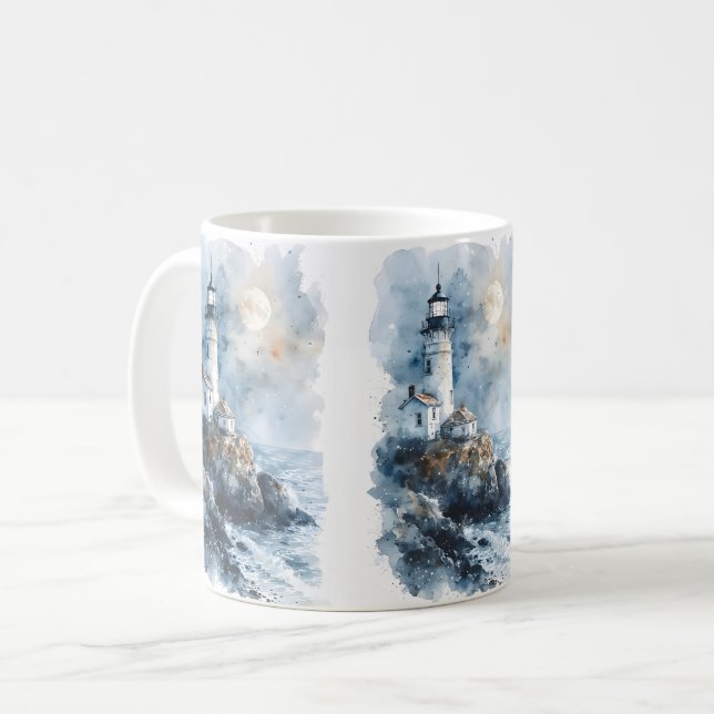 Målbelyyst fyr på klippig kust kaffemugg (Framsida vänster)