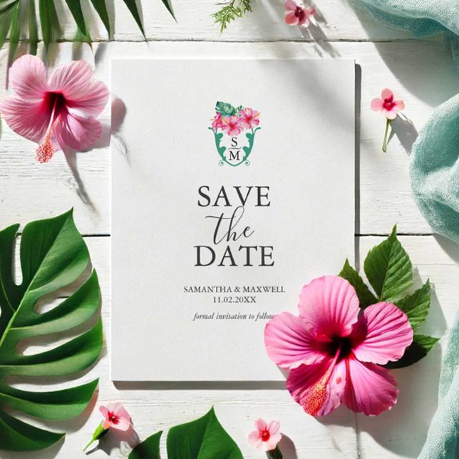 Målbröllopsmonogram Spara datum Datumet (Destination wedding save the date tropical Hibiscus flowers and monogram Victoria Grigaliunas )