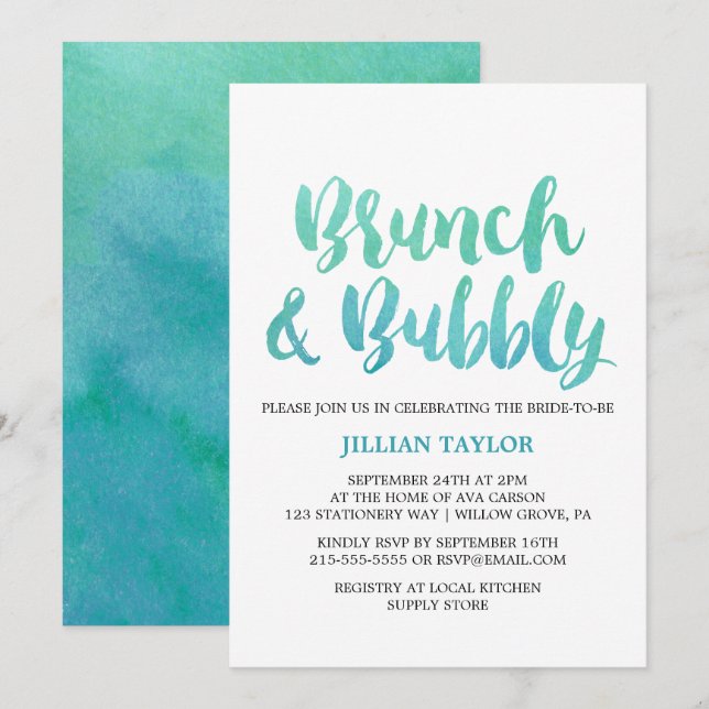 MålBrunch och bubbelfärgad kalligrafi för vattenfä Inbjudningar (Fram/baksida)