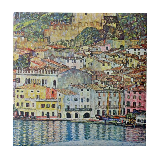 Malcesine på Sjö Garda av Gustav Klimt Kakelplatta (Framsidan)