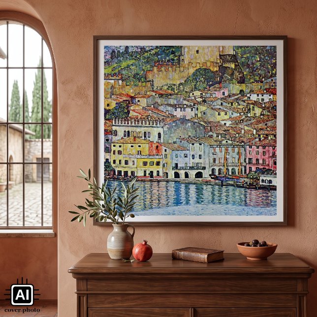 Malcesine vid Gardasjön Av Gustav Klimt Poster (Malcesine on Lake Garda by Gustav Klimt is a vintage Victorian Era Art Nouveau fine art painting.)