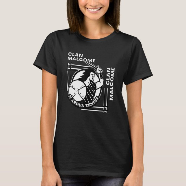 Malcome Clan Gaeliska Motto Svärdman T Shirt (Framsida)