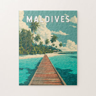 Maldiverna Illustration Resa Konst Vintage Pussel