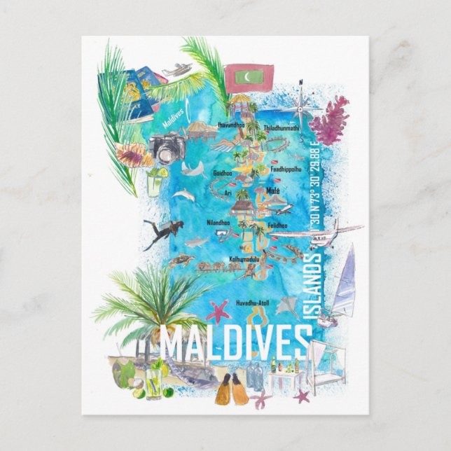 Maldiverna Island Illustrated Travel Karta Vykort (Framsida)