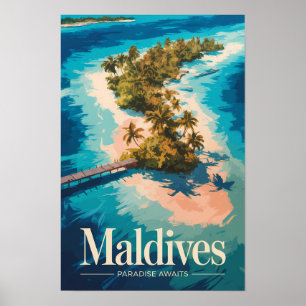 Maldiverna Landskapsillustration Resa Konst Vintag Poster