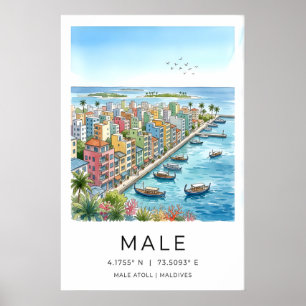 Maldiverna Resaaffisch, Illustrerad Stadsscen Poster