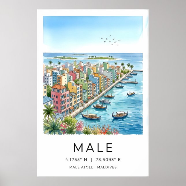 Maldiverna Resaaffisch, Illustrerad Stadsscen Poster (Framsidan)