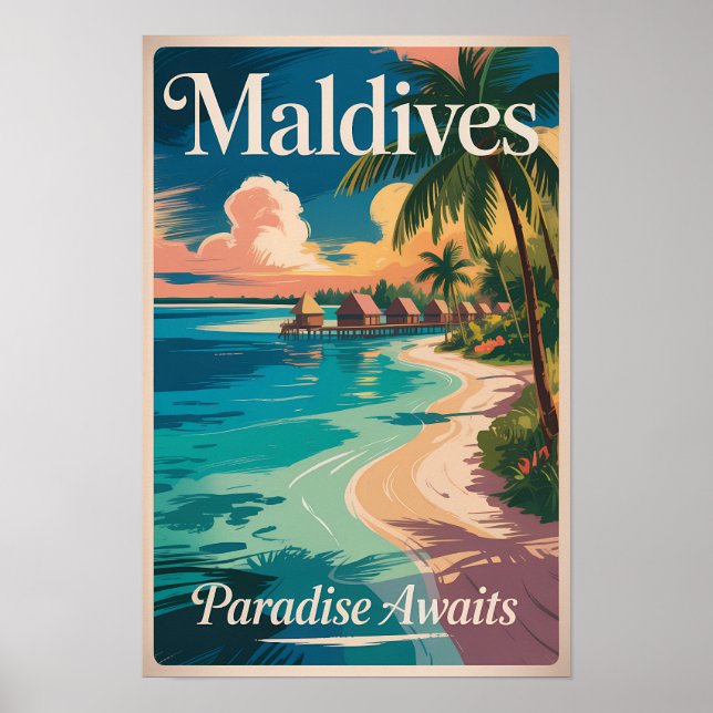 Maldiverna Strand Illustration Resa Konst Vintage Poster (Framsidan)