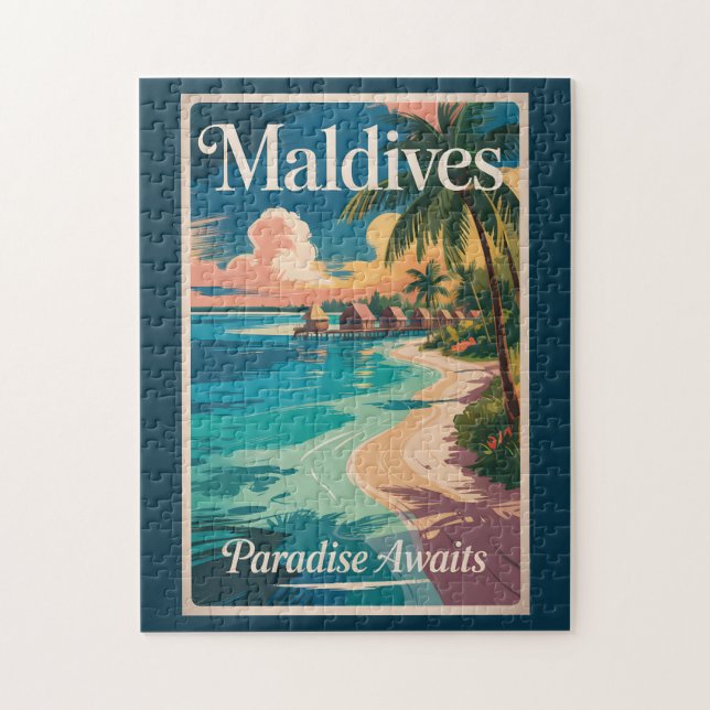 Maldiverna Strand Illustration Resa Konst Vintage Pussel (Vertikal)