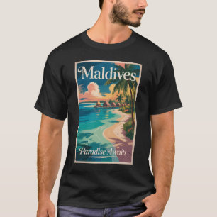 Maldiverna Strand Illustration Resa Konst Vintage T Shirt