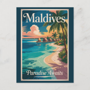 Maldiverna Strand Illustration Resa Konst Vintage Vykort