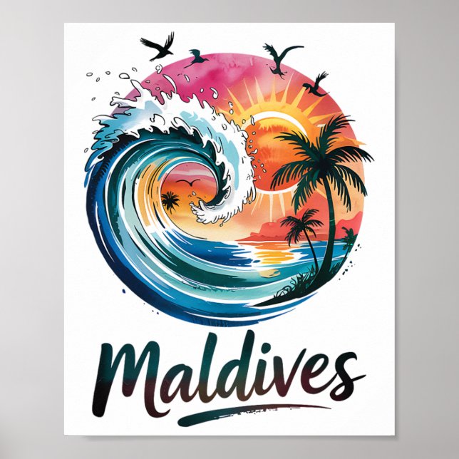 Maldiverna Tropisk Solnedgång Och Surfdesign För S Poster (Framsidan)