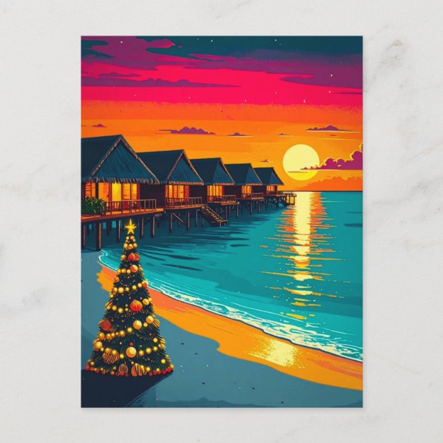 Maldives Julgran Sunset Beach Travel Vykort (Framsida)