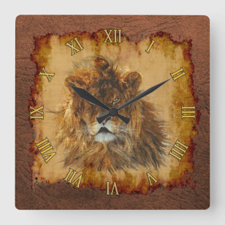 Male African Lejon Big Cat & Faux Leather II Fyrkantig Klocka