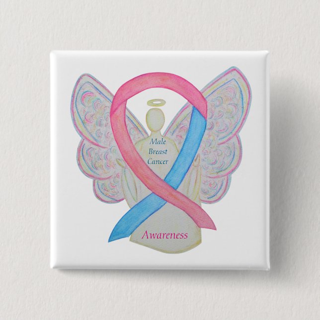 Male Breast Cancer Angel Rosa Awareness Ribbon Pin Knapp (Framsida)