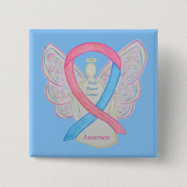 Male Breast Cancer Angel Rosa Awareness Ribbon Pin Knapp (Framsida)