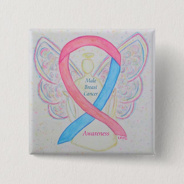 Male Breast Cancer Angel Rosa Awareness Ribbon Pin Knapp (Framsida)
