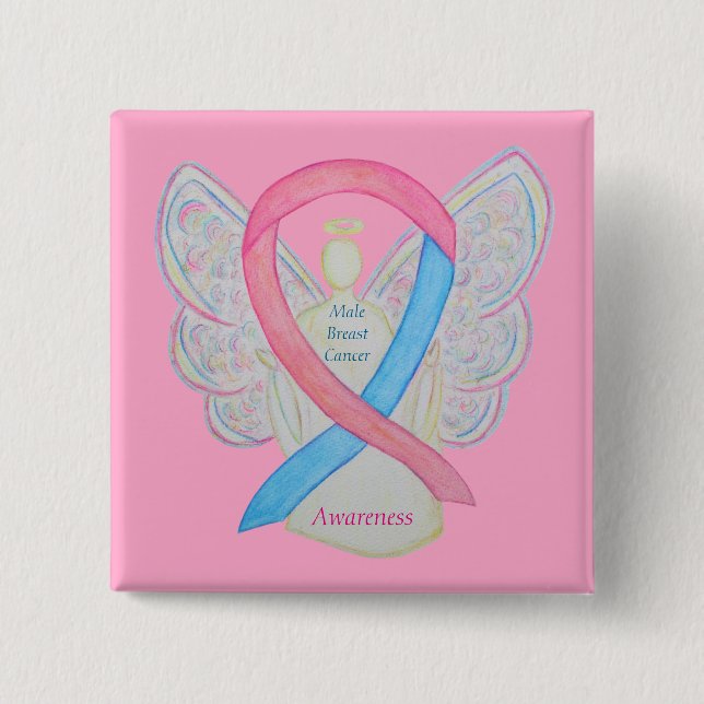 Male Breast Cancer Angel Rosa Awareness Ribbon Pin Knapp (Framsida)