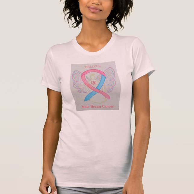 Male Breast Cancer Awareness Ribbon Angel Shirt Tee Shirt (Framsida)