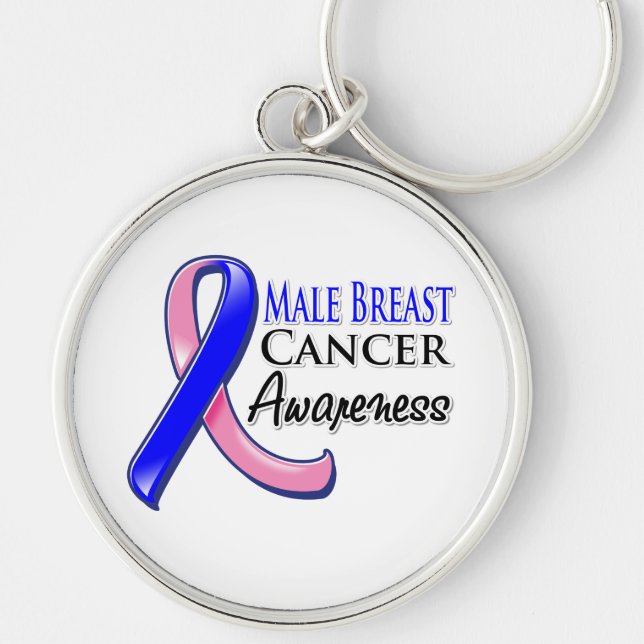 Male Breast Cancer Awareness Ribbon Rund Silverfärgad Nyckelring (Framsidan)