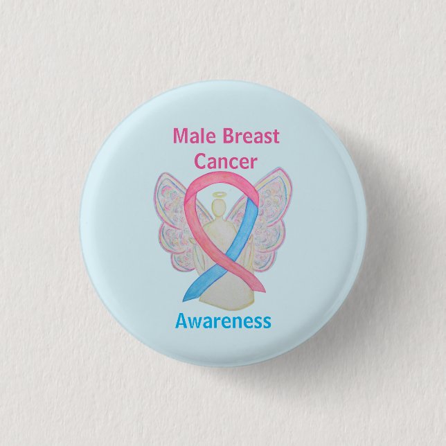 Male Breast Cancer Blue och Rosa Angel Button Knapp (Framsida)